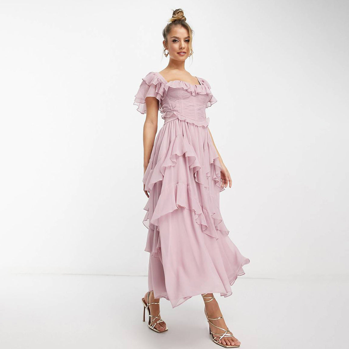 Elegant Ruffled Holiday Dress – Backless Summer Fashion with Flowing Layers - AccessoriesLifes