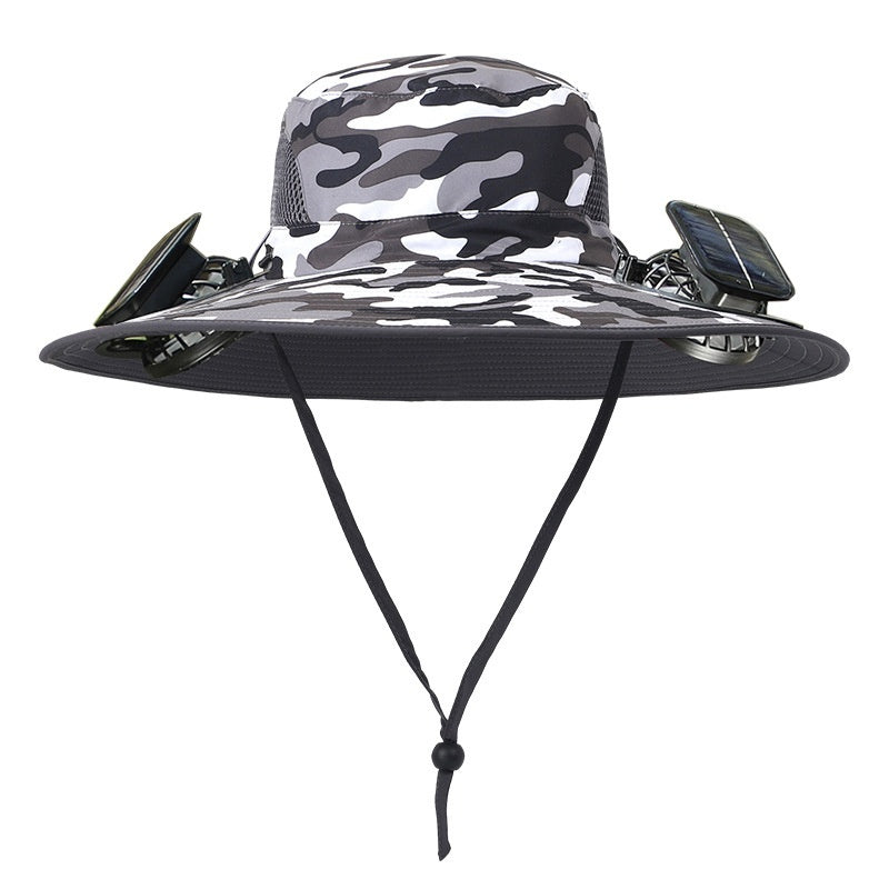 Camouflage bucket hat with solar panels on a white background