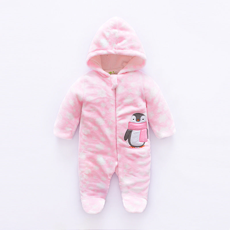Pink baby snowsuit with a penguin design on a white background