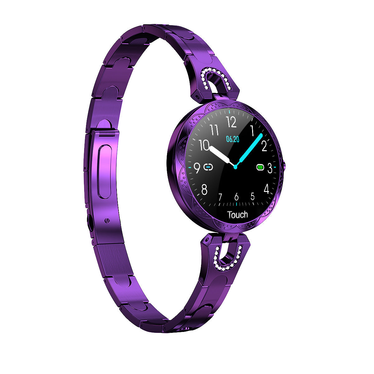 Purple smartwatch with a black screen on a white background