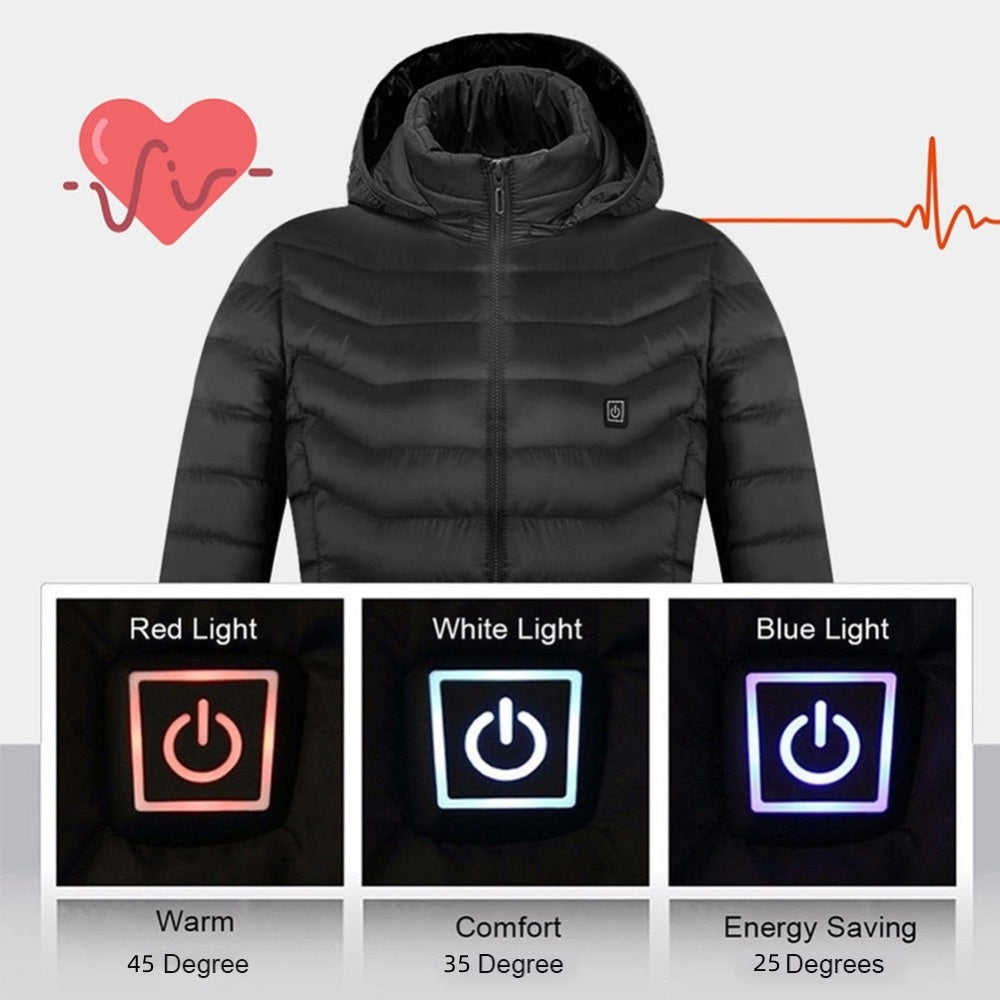 Black puffer jacket with LED indicators for temperature control on a gray background