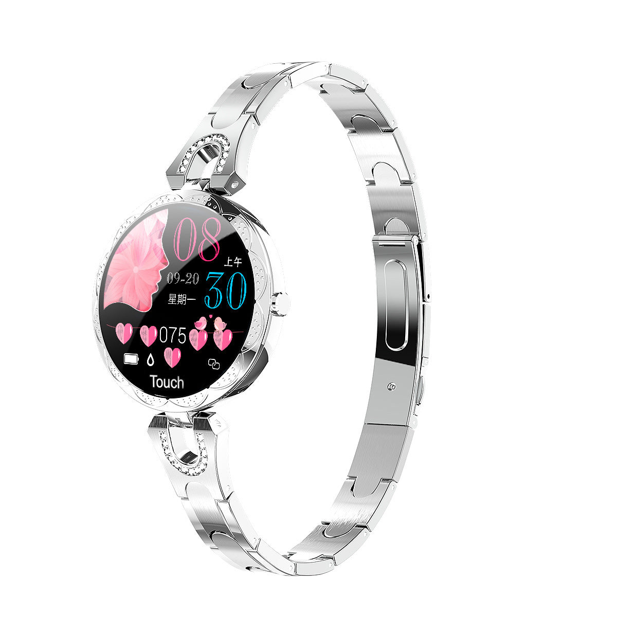 Silver smartwatch with a colorful display on a white background