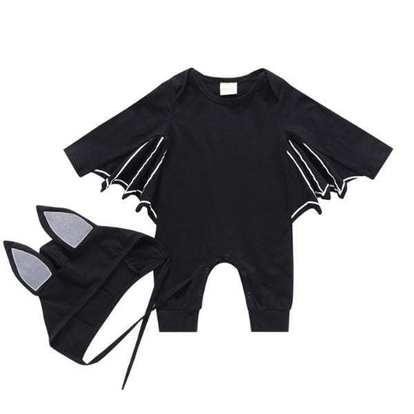 Black baby romper with bat wings and ears on a white background
