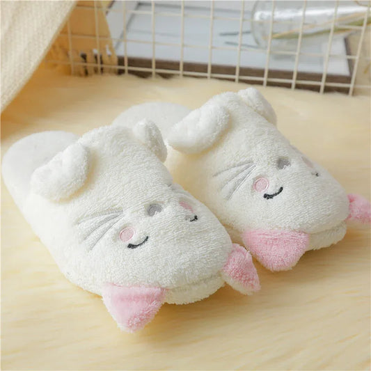 White plush cat slippers with pink accents - cute kawaii indoor footwear
