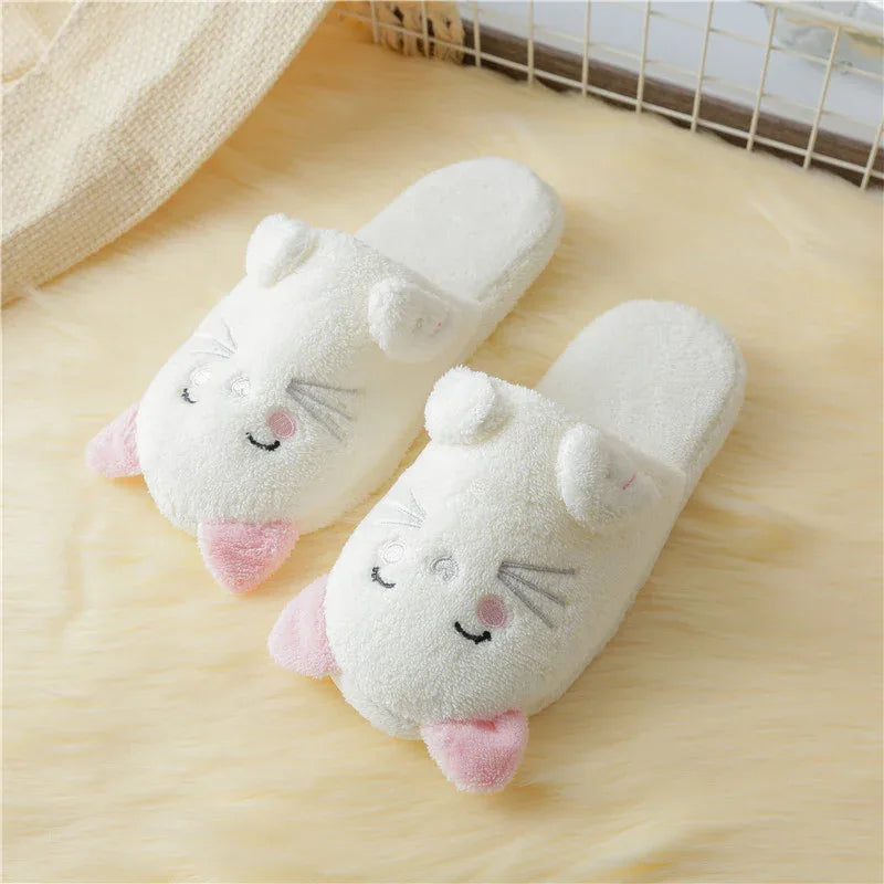 Cartoon cat slippers on wooden floor - kawaii style indoor comfort shoes