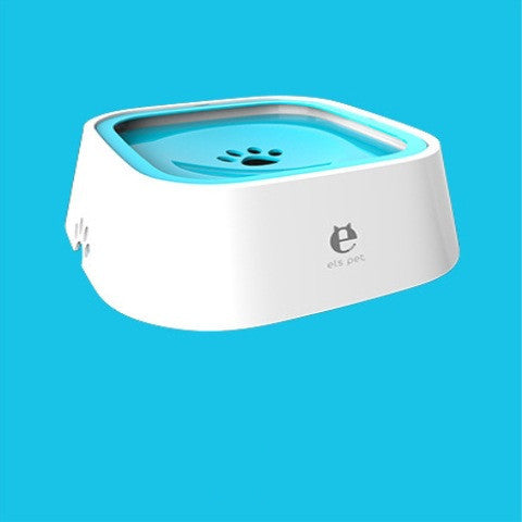 "Blue and white pet water dispenser with logo, on blue background"