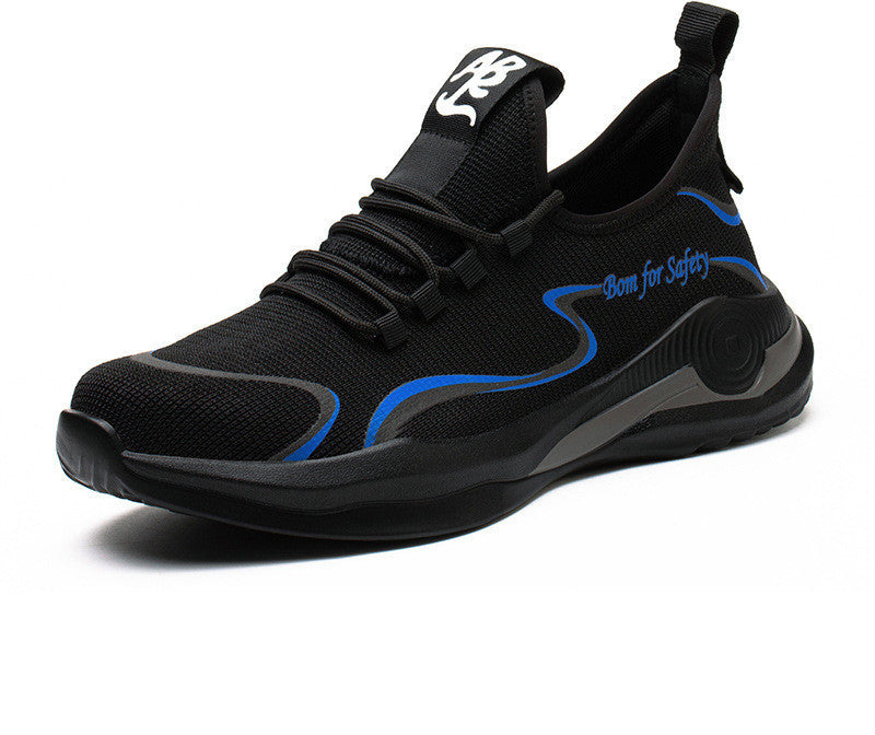Black safety shoe with blue accents on a white background