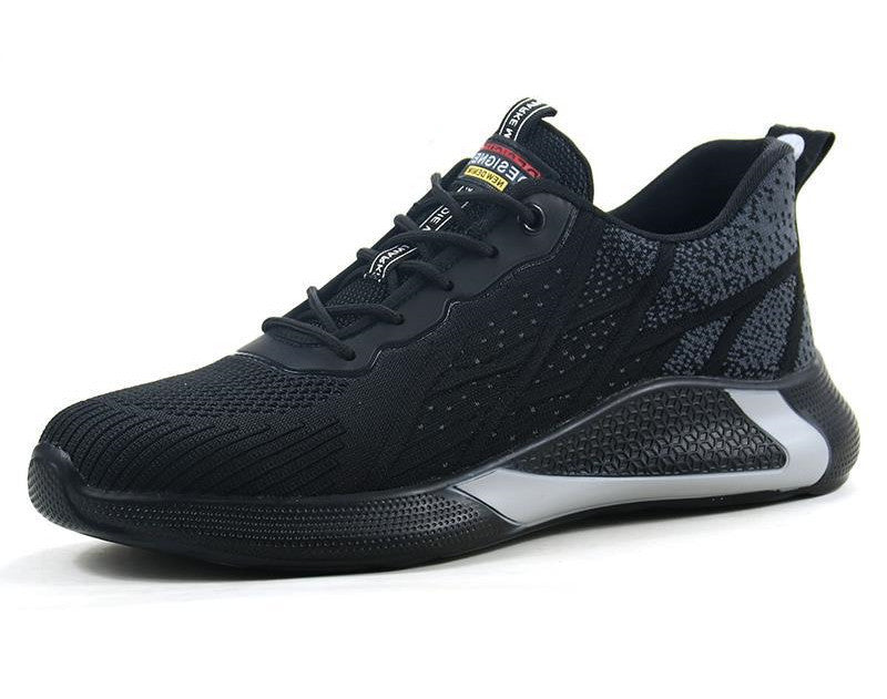 Black athletic safety shoe with white sole on a white background