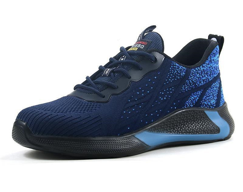 Blue athletic safety shoe with black sole on a white background