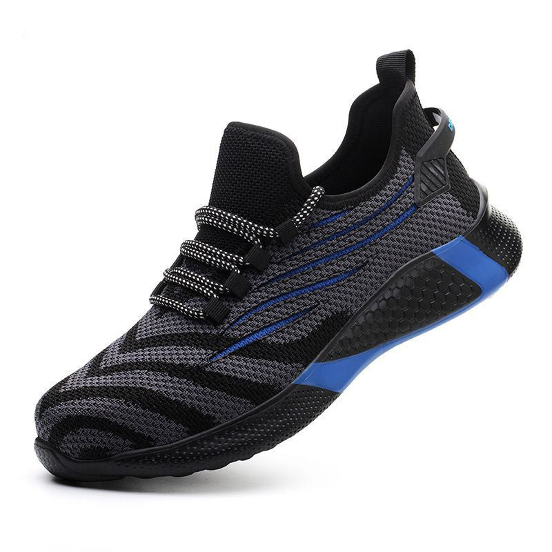 Black and blues safety sneaker with unique sole design on a white background