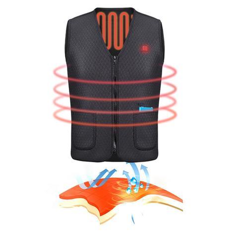 Black heated vest with heating elements illustrated on a white background