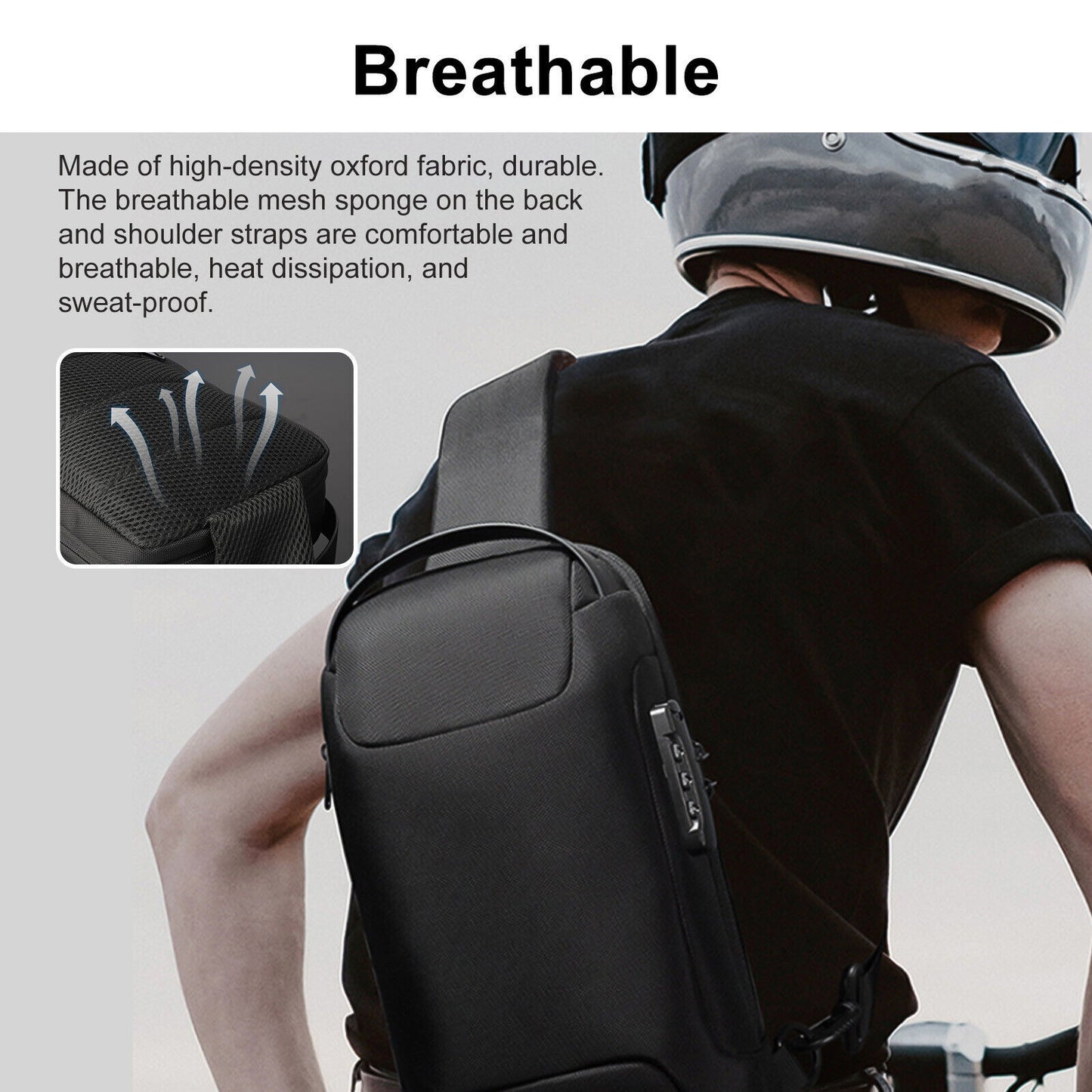 Person wearing a black backpack with breathable mesh on the back, text describing features.