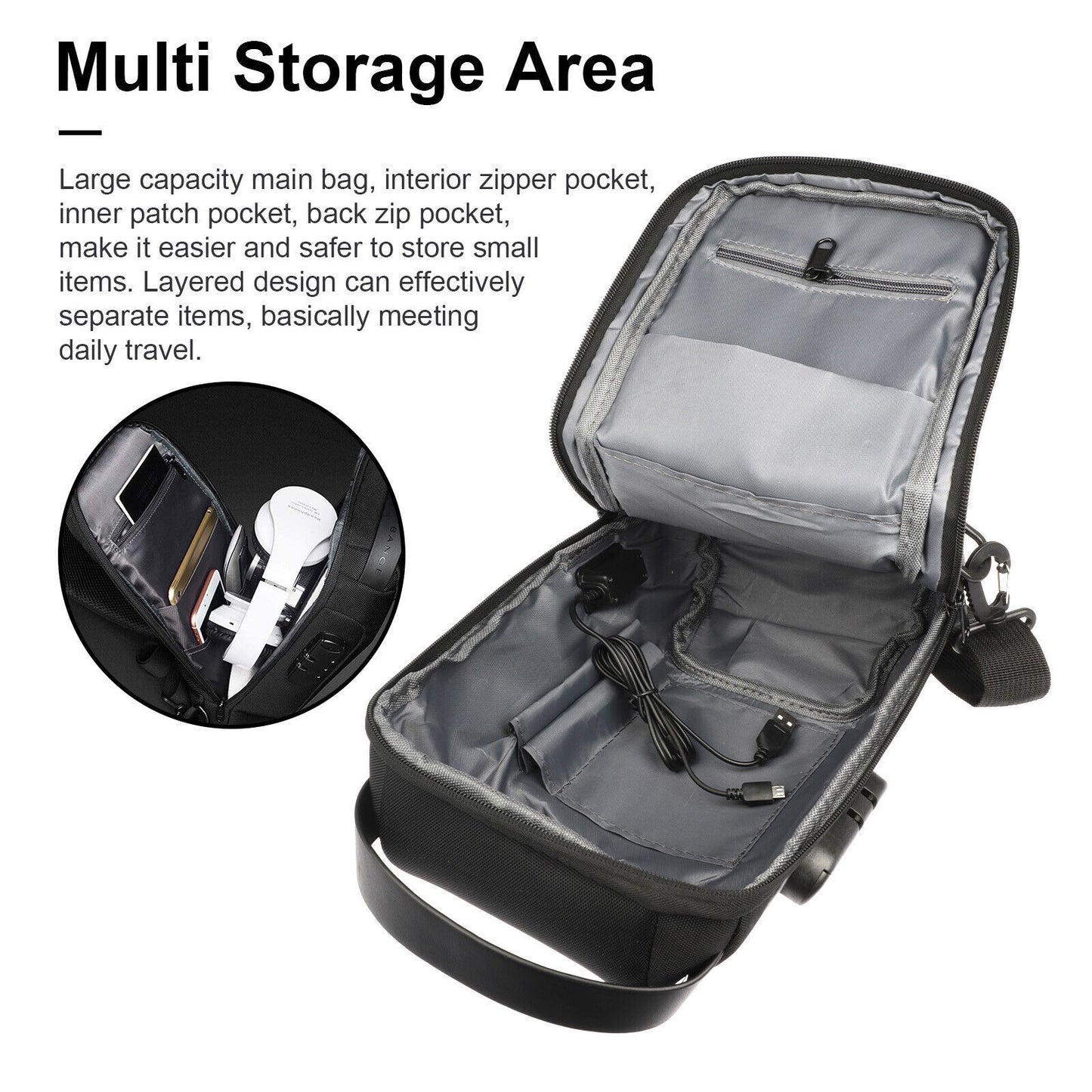 Black backpack with multiple storage compartments and a close-up inset showing organized items.