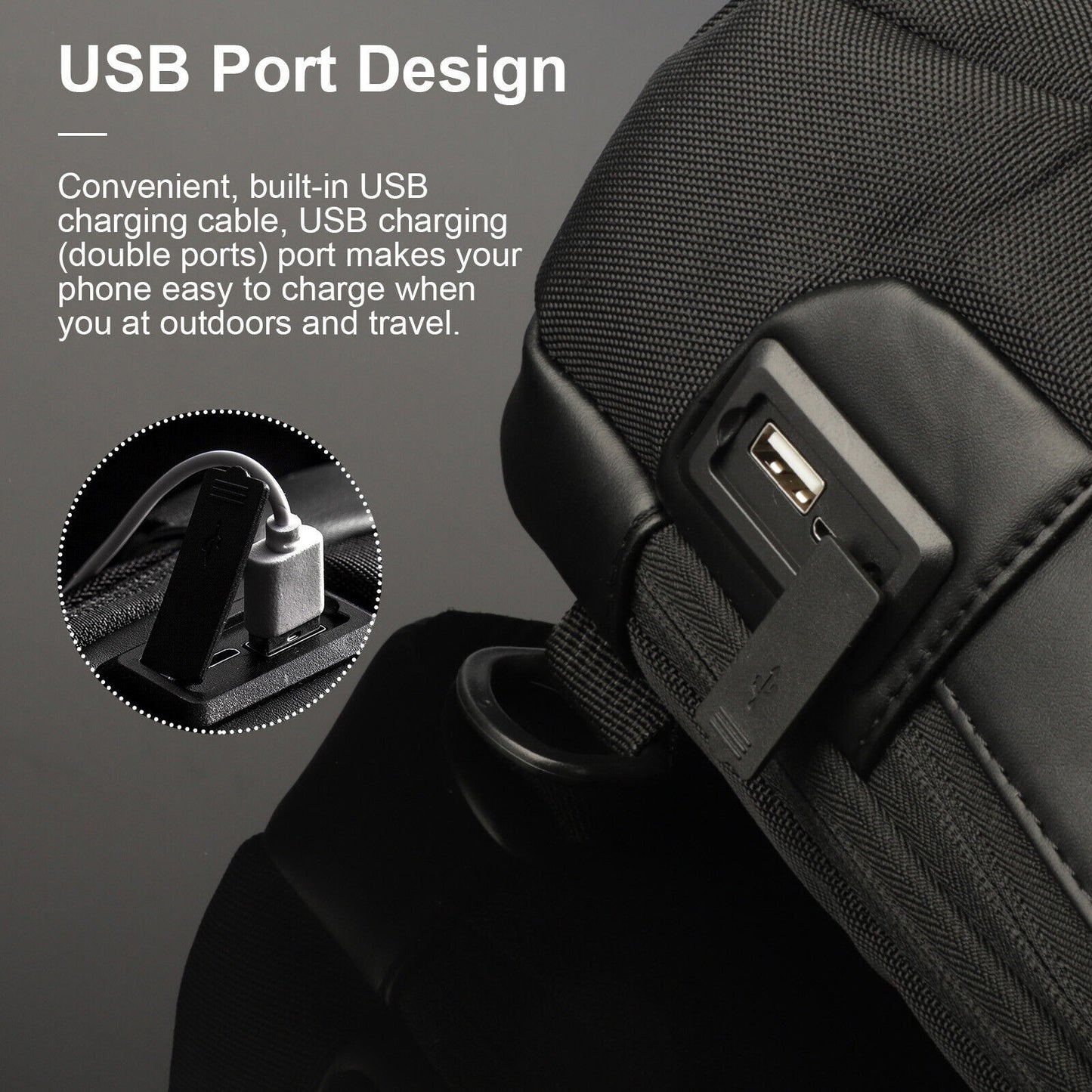 Black backpack with USB port design feature on a gray background