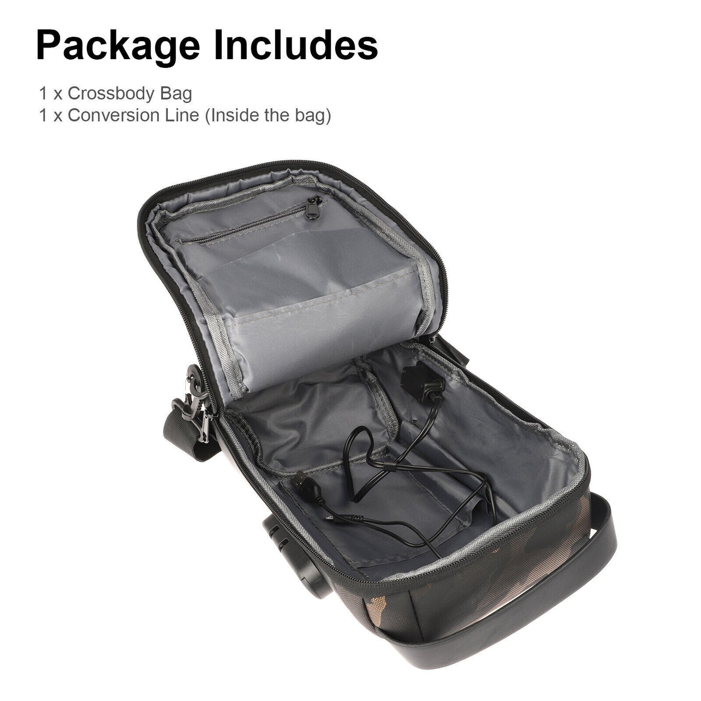 Open crossbody bag with conversion line inside on a white background