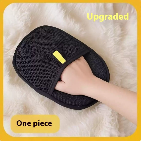 Black mesh travel pouch with a yellow label on a white fluffy surface, labeled 'Upgraded One piece'.
