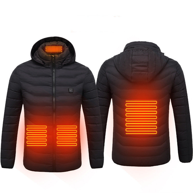 Black heated jacket with glowing orange heating elements on a white background