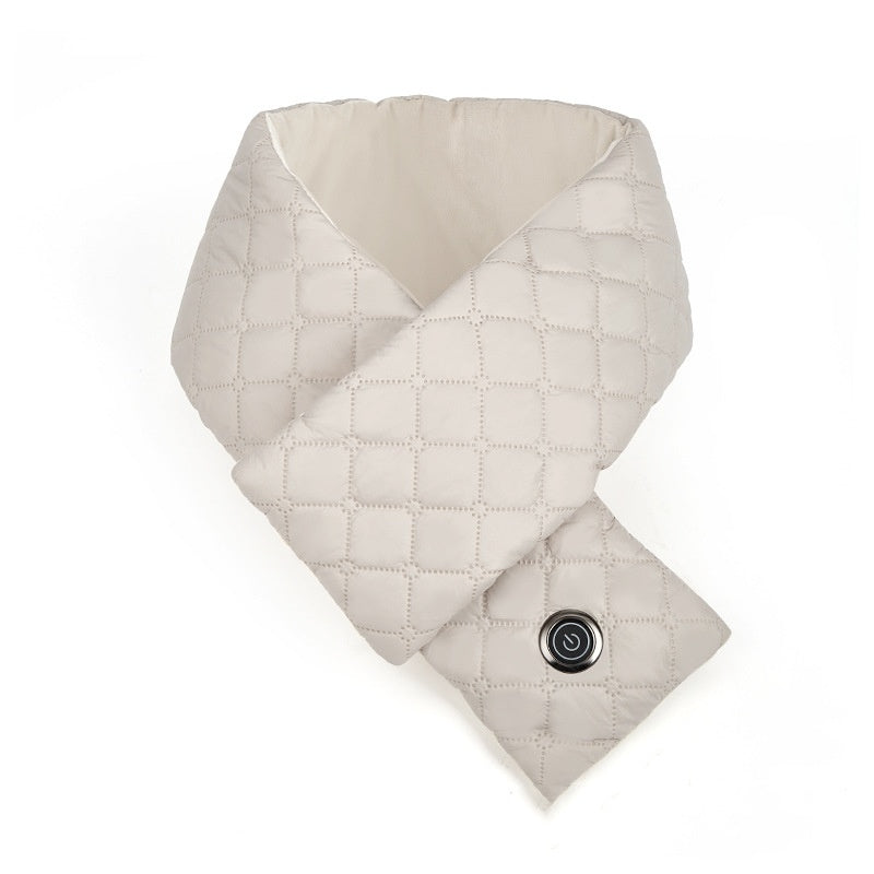 Quilted beige neck warmer with a button on a white background