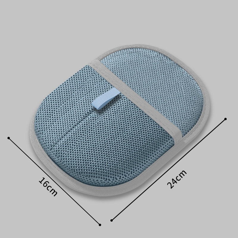 Blue mesh pad with dimensions on a gray background