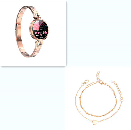 Smartwatch with a colorful display and gold bracelet on a white background