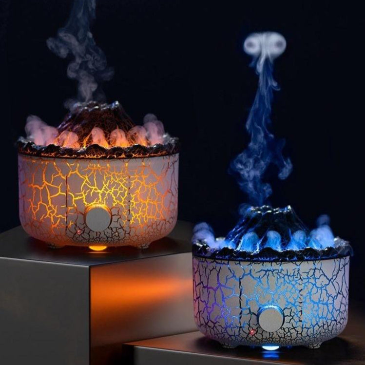 two flame-effect humidifiers with red and blue LED lights and mist output