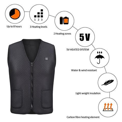 Black heated vest with features highlighted on a white background