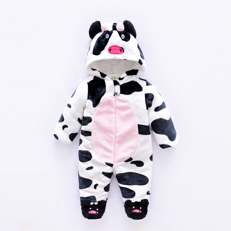Cow-themed baby onesie with black, white, and pink design on a white background