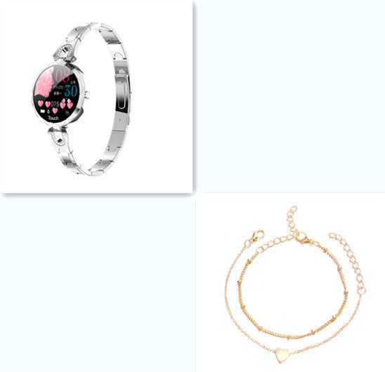 Smartwatch with a digital display and gold bracelet on a white background
