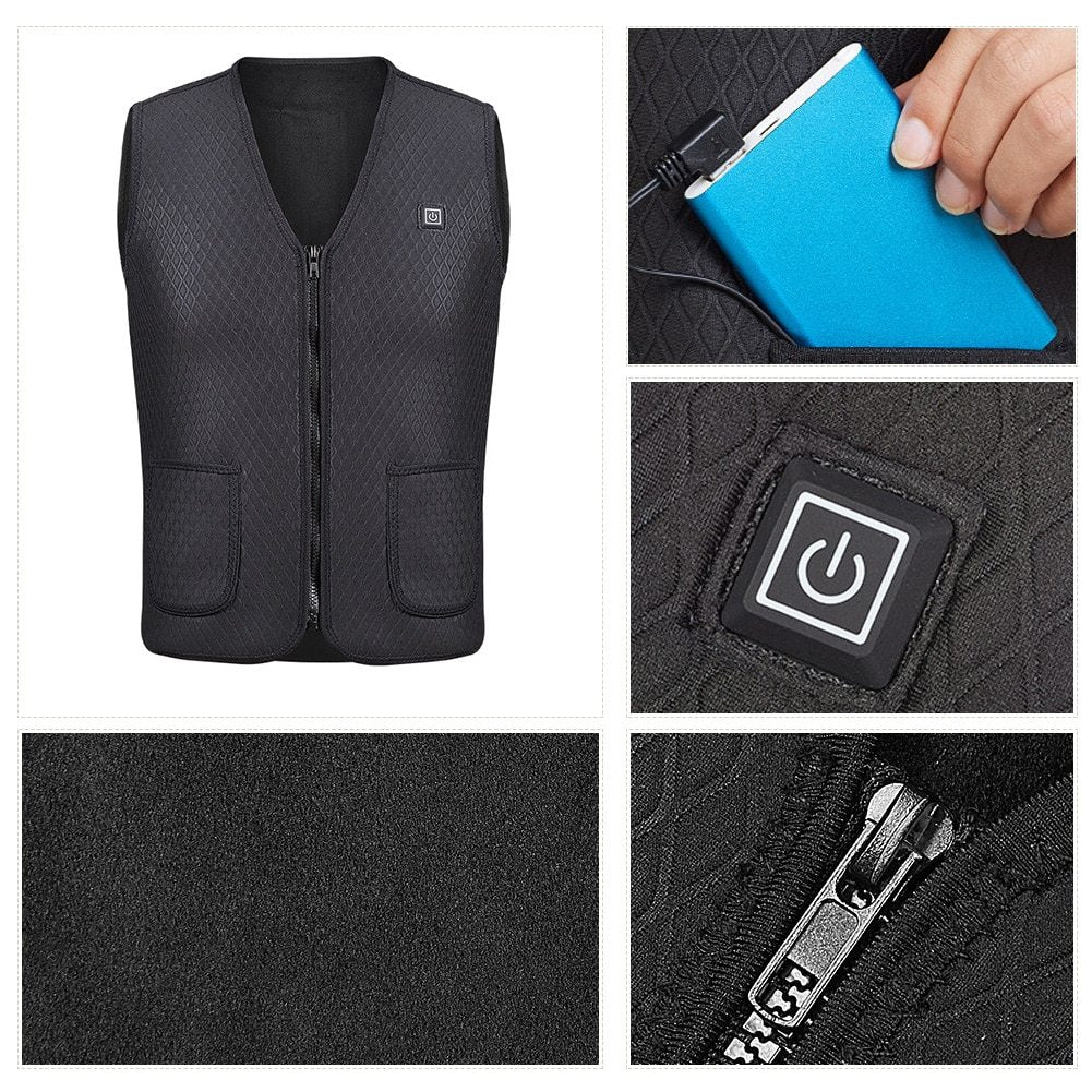 Black heated vest with power button and charging port, shown in close-up on a white background.