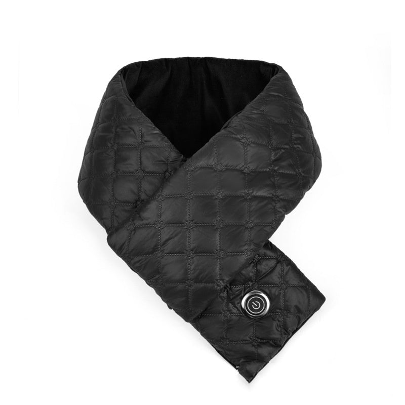 Black quilted scarf with a button on a white background