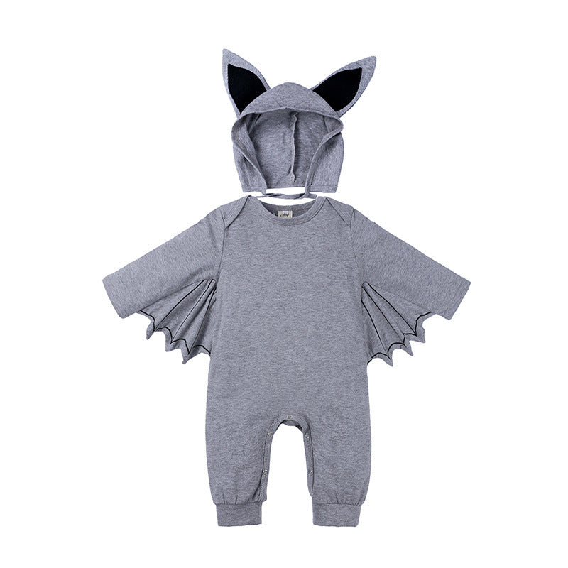 Gray baby romper with bat design on a white background