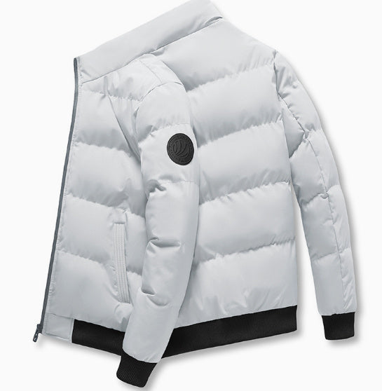 White puffer jacket with black accents on a white background