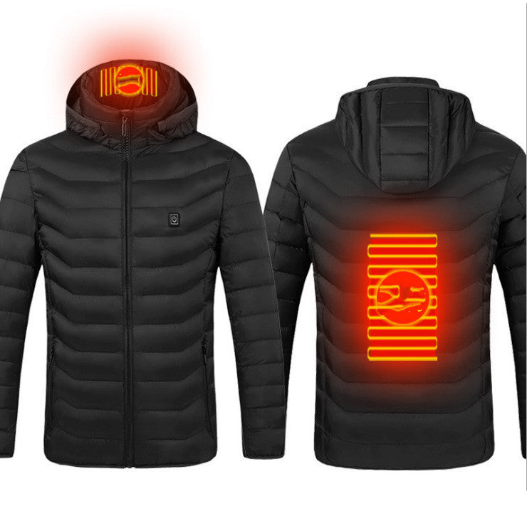 Black heated jacket with glowing red heating elements on a white background