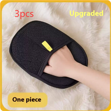 Black massage pad with a hand on a white fluffy surface, labeled '3pcs Upgraded One piece'.