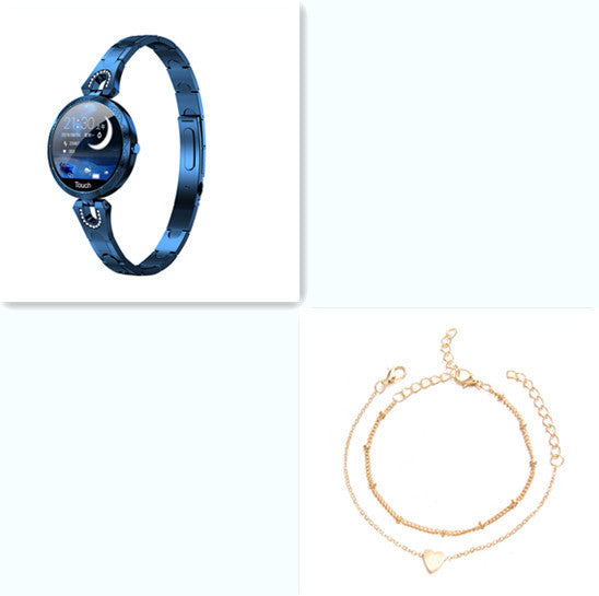 Blue smartwatch on a white background with gold bracelet on a light beige background