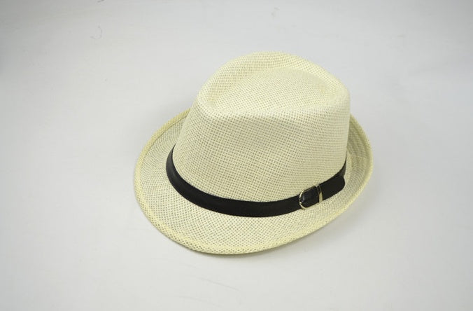 Beige straw hat with a black band on a light gray background