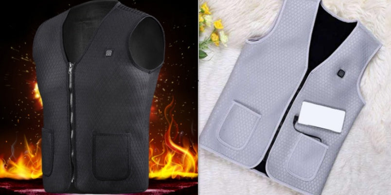 Black and gray heated vests with flame and floral background