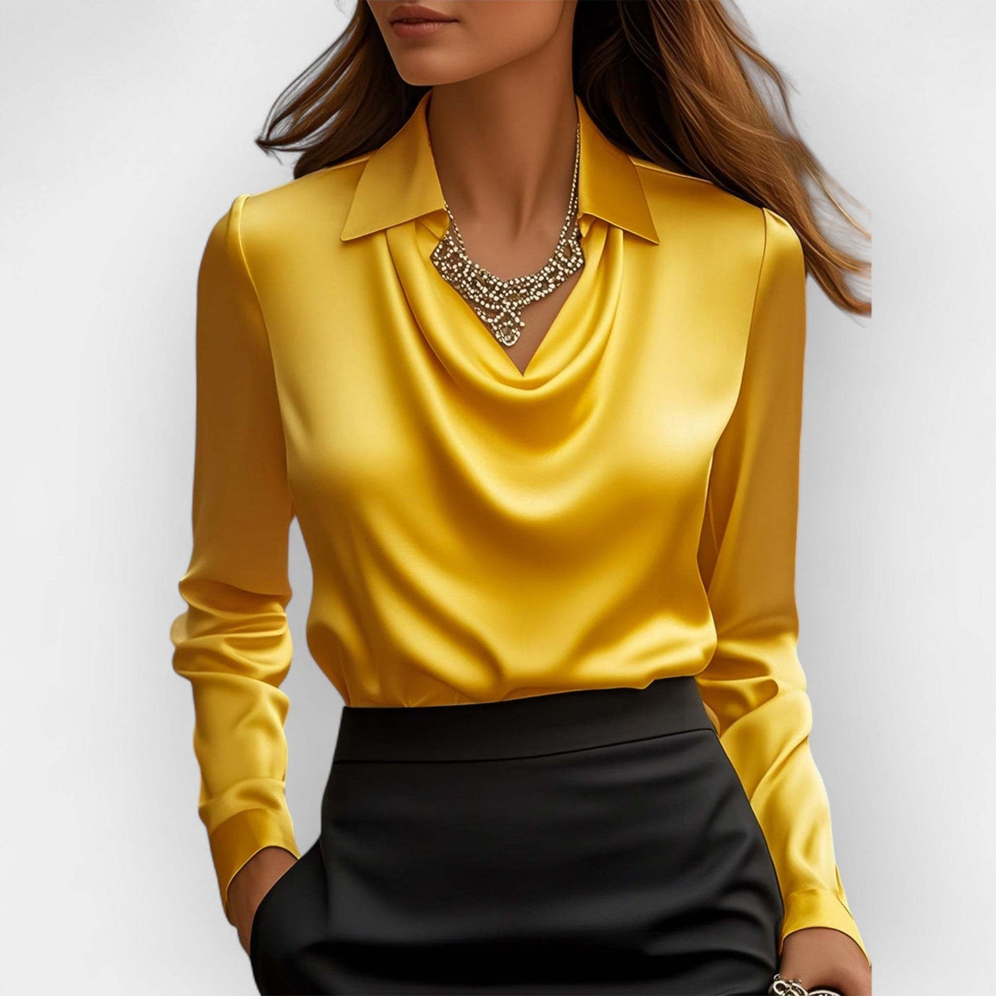Yellow blouse worn by a person on a plain background