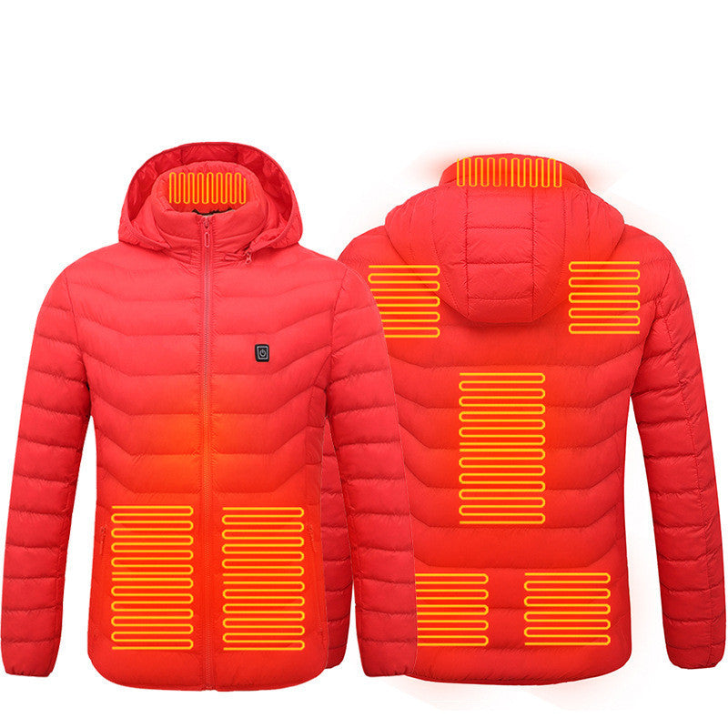 Red heated jacket with visible heating elements on a white background