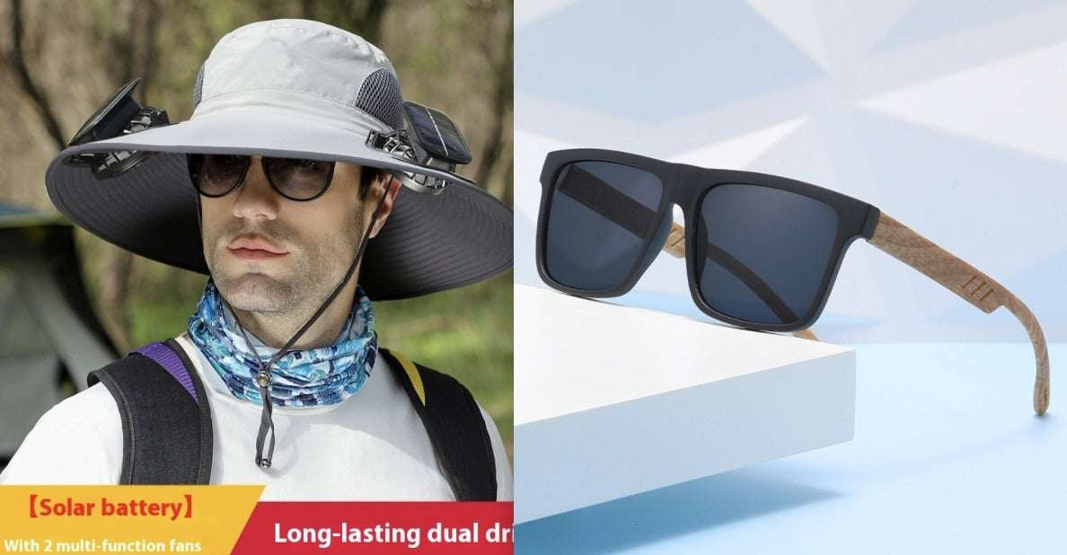 Person wearing a sun hat with solar battery and fan, and a pair of sunglasses on a light blue background.