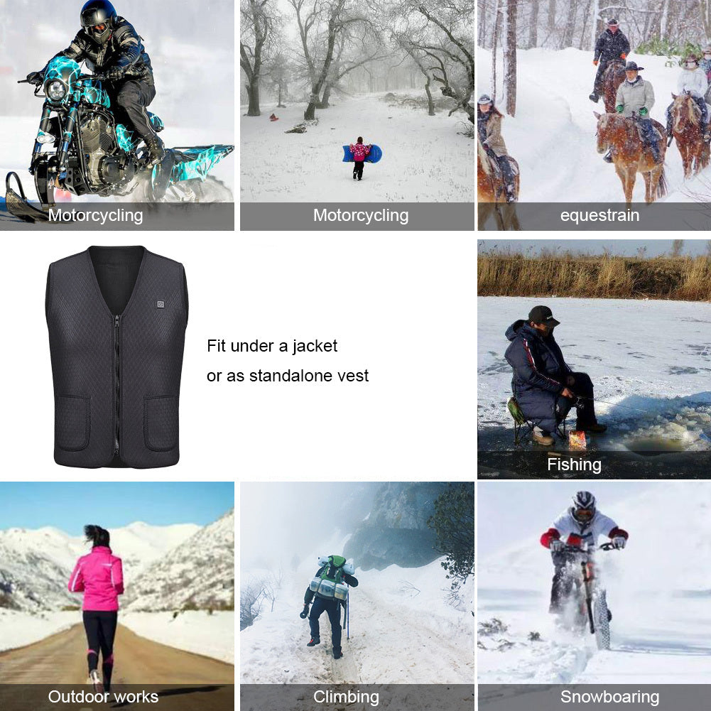 Black vest displayed with various outdoor activities on a snowy landscape.