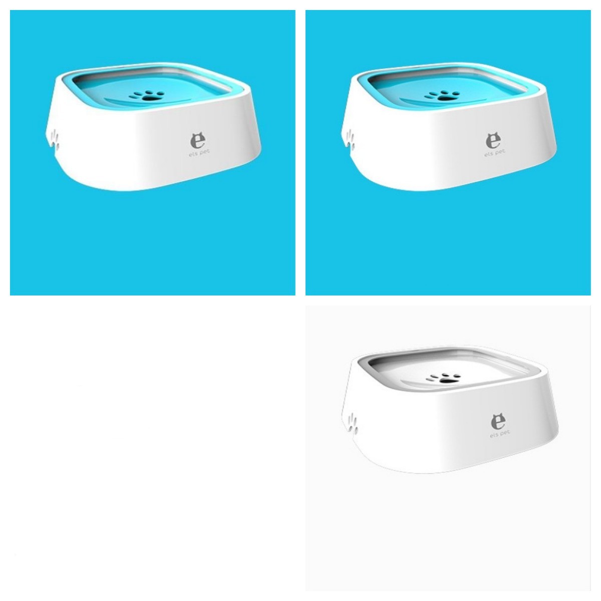 White pet water bowl with blue interior on a white background