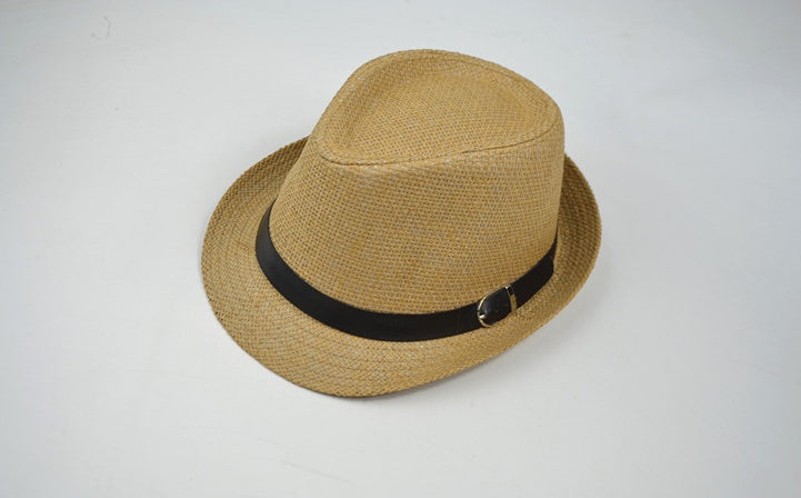 Beige straw hat with a black band on a white background