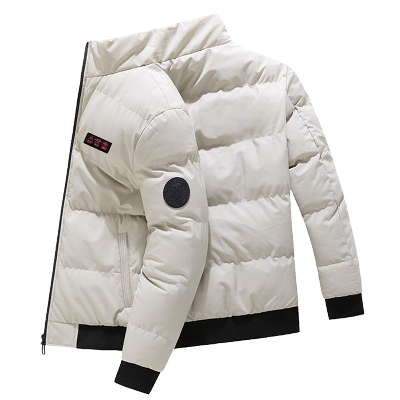 White puffer jacket with black accents on a white background