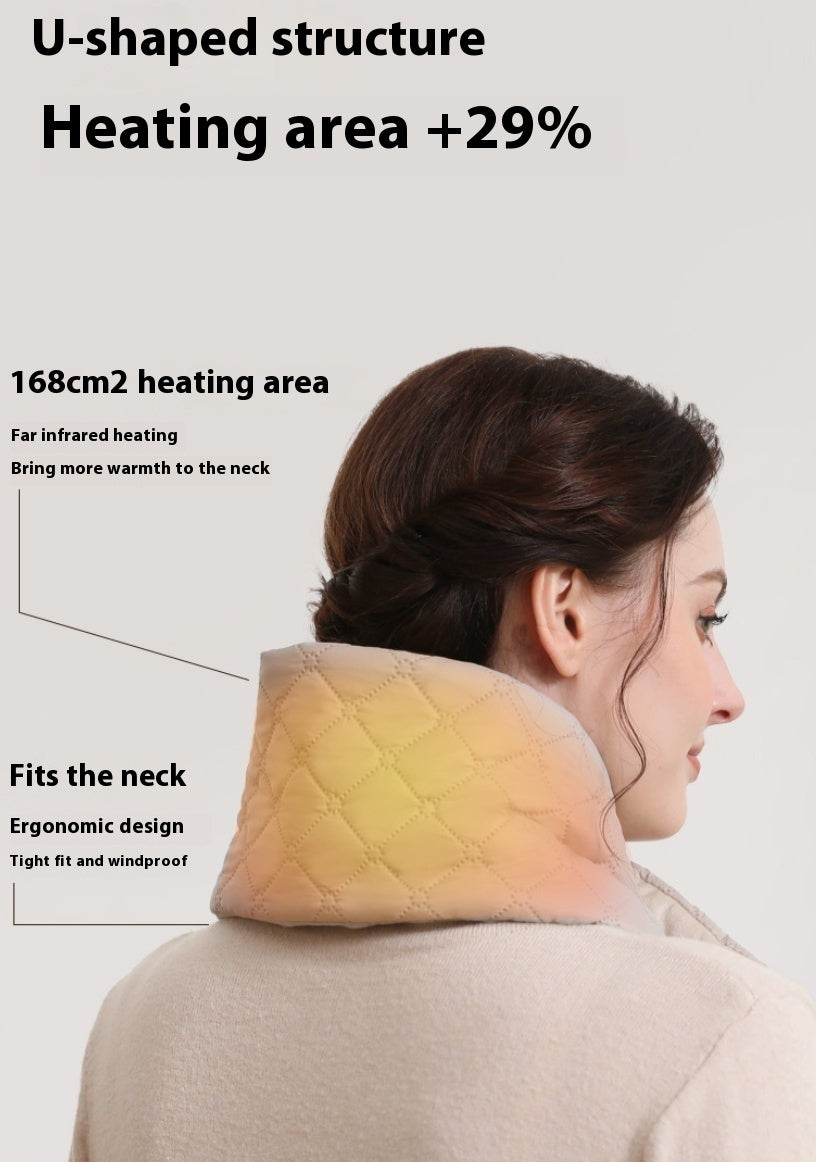 Person wearing a neck heating pad with text highlighting features on a white background