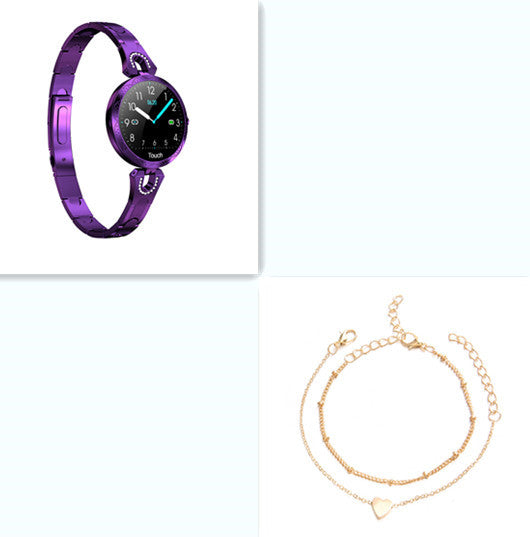 Purple smartwatch on a white background with gold bracelets on a light purple background