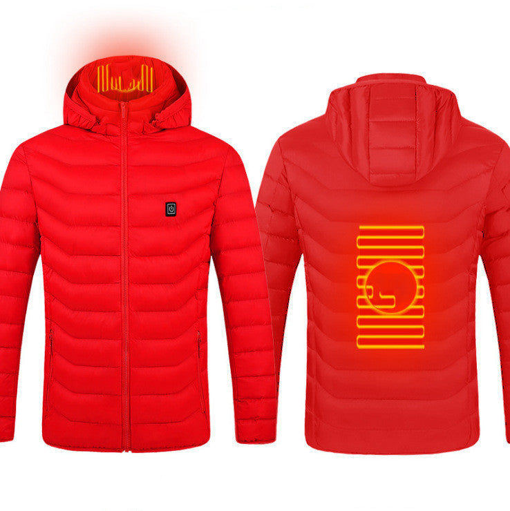 Red puffer jacket with glowing yellow design on a white background