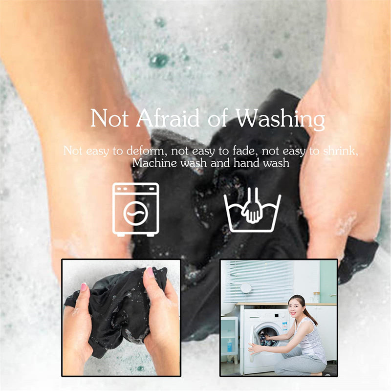 Person washing a black garment with text about fabric durability and care instructions.
