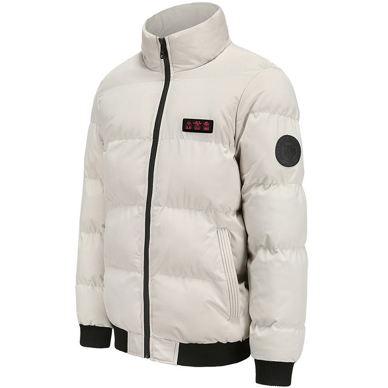 White puffer jacket with black accents on a white background