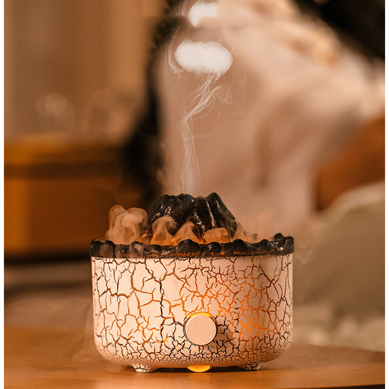 Ceramic incense burner with crackled design and smoke in a blurred indoor setting